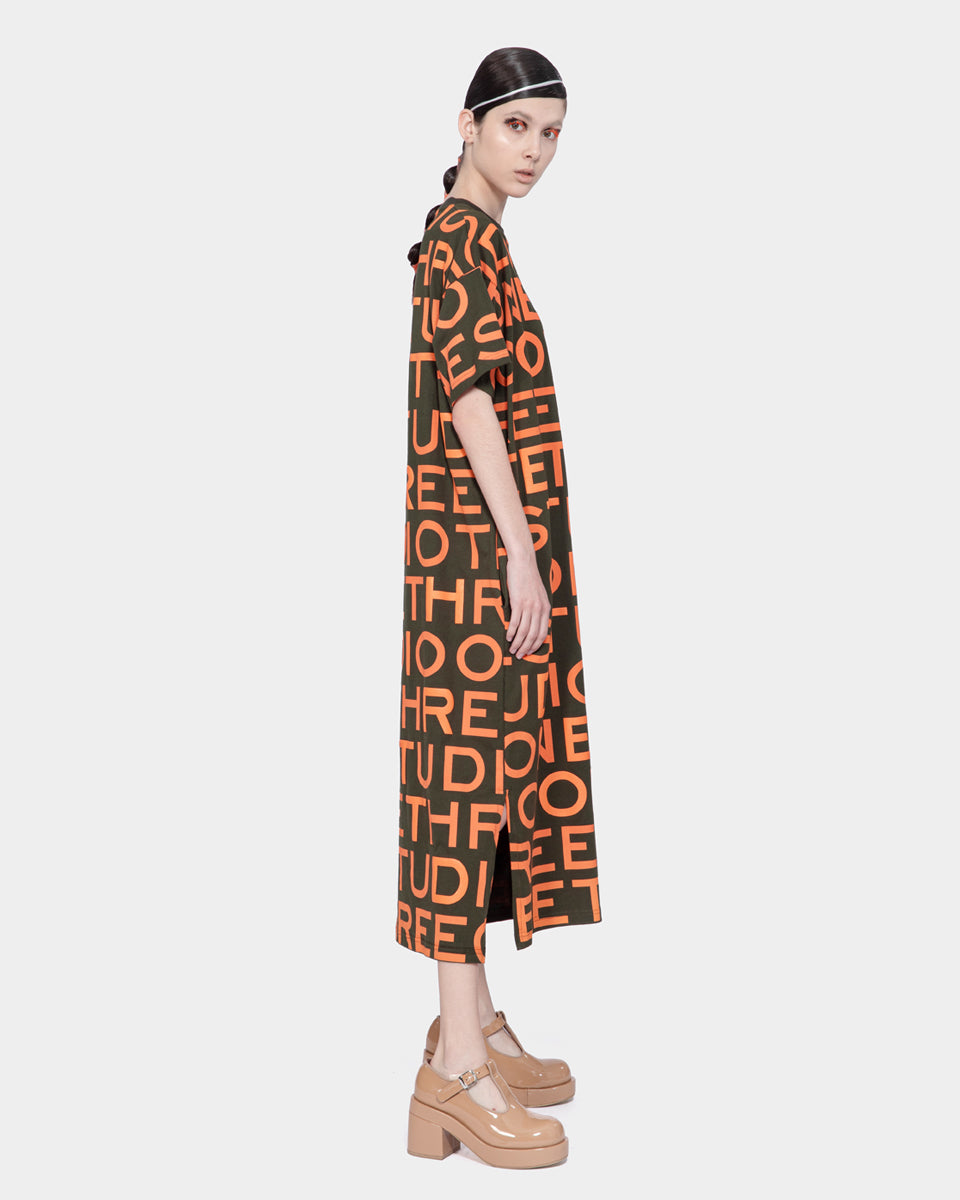 Graphic Screen Printed T-Shirt Dress Army Green-orange