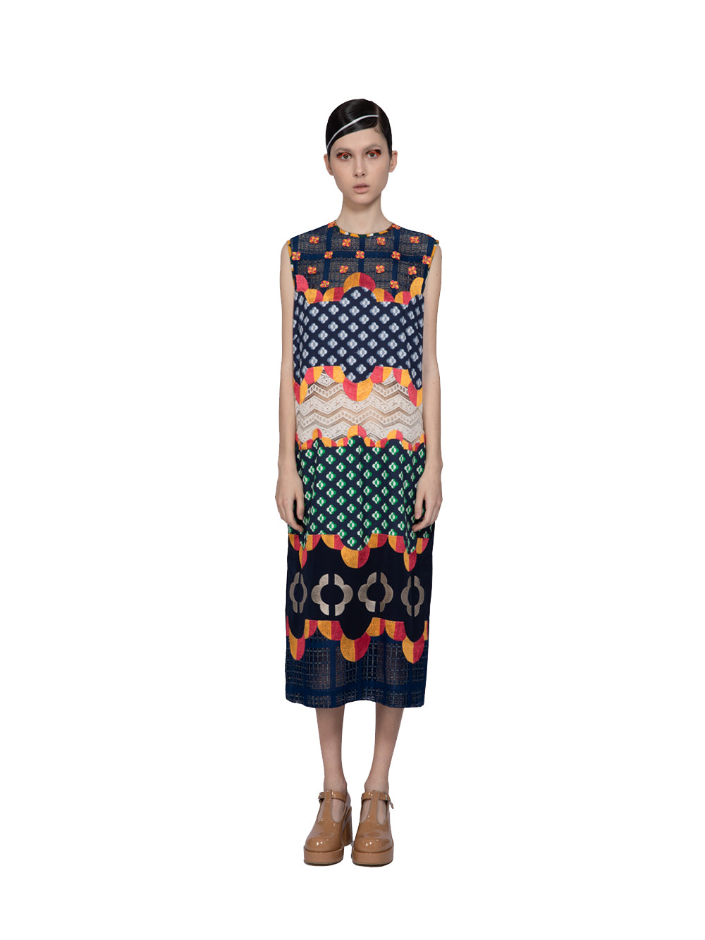 Mix Fabrics Embroidery Applique Sleeveless Midi Dress Navy