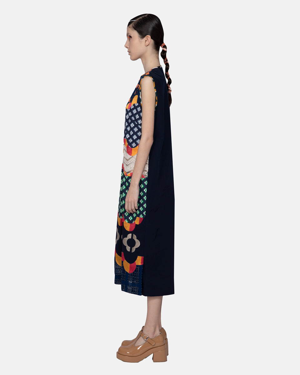 Mix Fabrics Embroidery Applique Sleeveless Midi Dress Navy