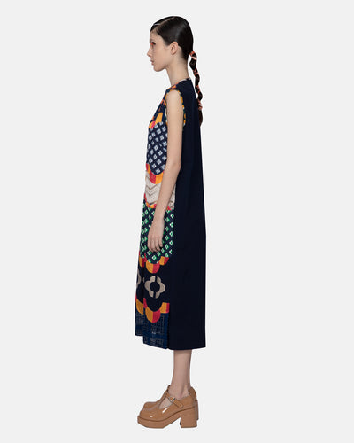 Mix Fabrics Embroidery Applique Sleeveless Midi Dress Navy