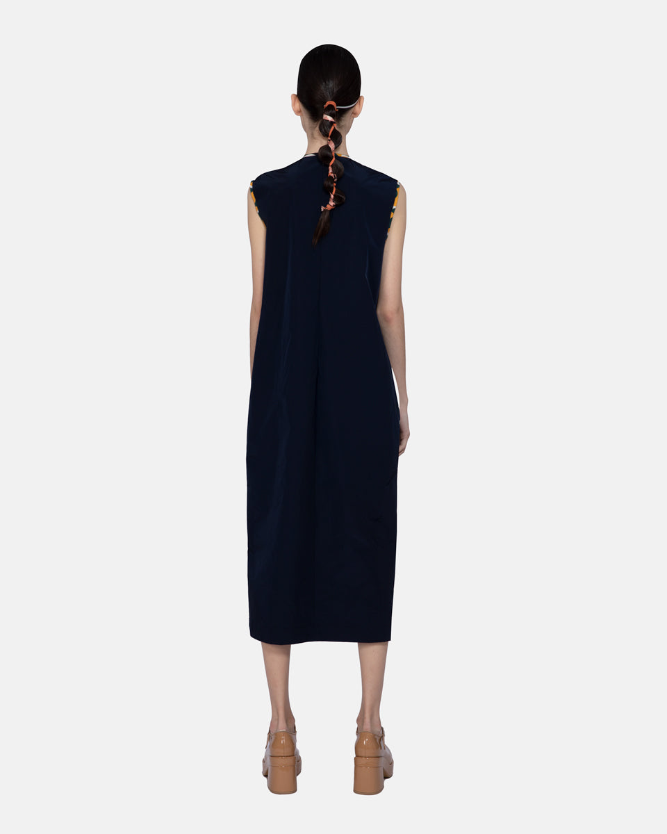 Mix Fabrics Embroidery Applique Sleeveless Midi Dress Navy