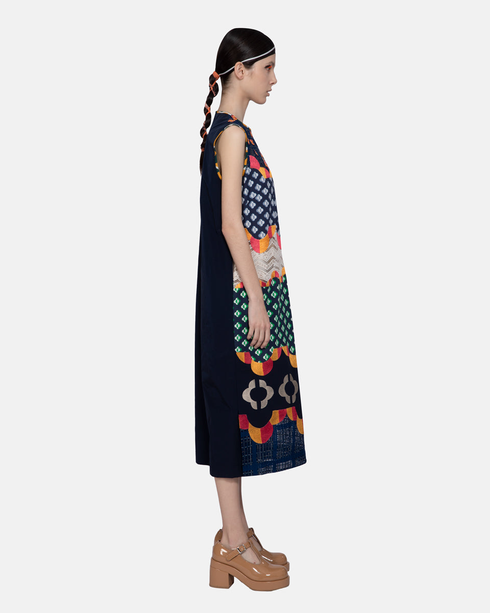 Mix Fabrics Embroidery Applique Sleeveless Midi Dress Navy