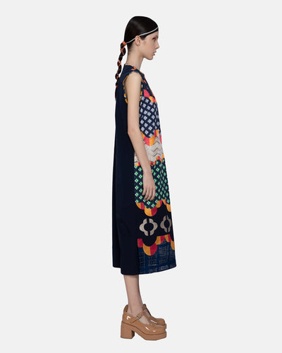 Mix Fabrics Embroidery Applique Sleeveless Midi Dress Navy