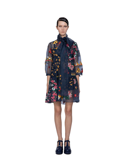 Mozaic Applique Embroidered Organza Dress Navy