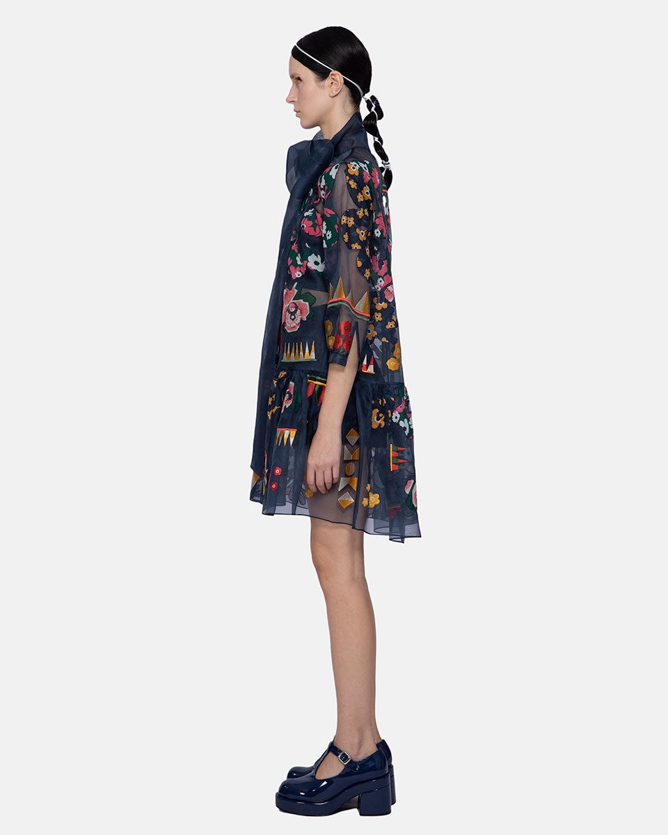 Mozaic Applique Embroidered Organza Dress Navy