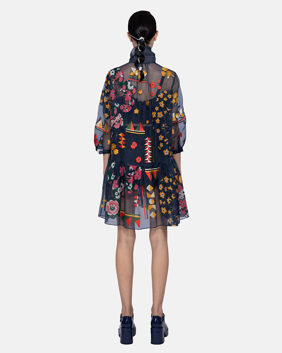 Mozaic Applique Embroidered Organza Dress Navy