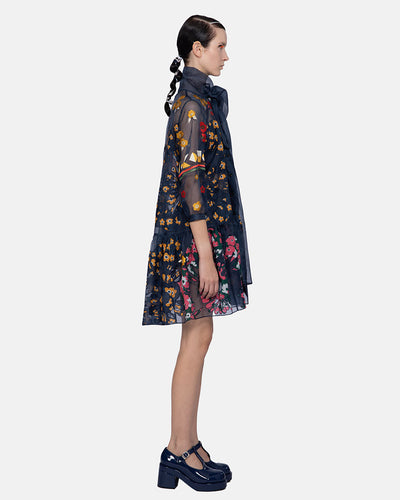 Mozaic Applique Embroidered Organza Dress Navy