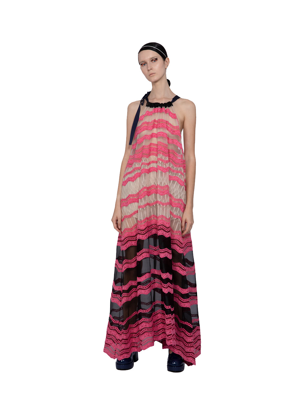 Organza Mix Lace Embroidered Halter Dress Fuchsia