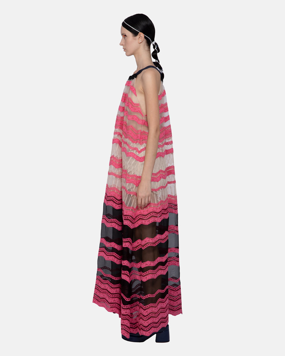Organza Mix Lace Embroidered Halter Dress Fuchsia