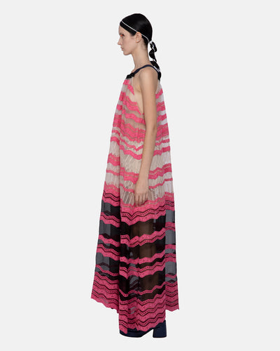Organza Mix Lace Embroidered Halter Dress Fuchsia