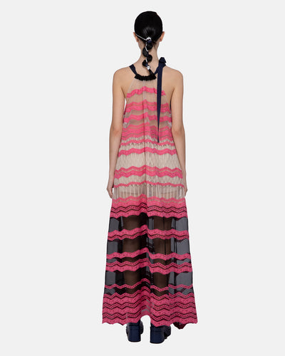 Organza Mix Lace Embroidered Halter Dress Fuchsia