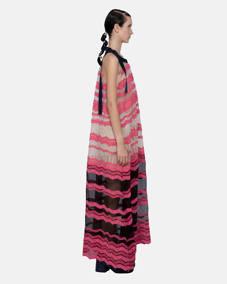 Organza Mix Lace Embroidered Halter Dress Fuchsia