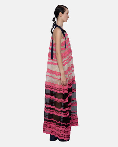 Organza Mix Lace Embroidered Halter Dress Fuchsia