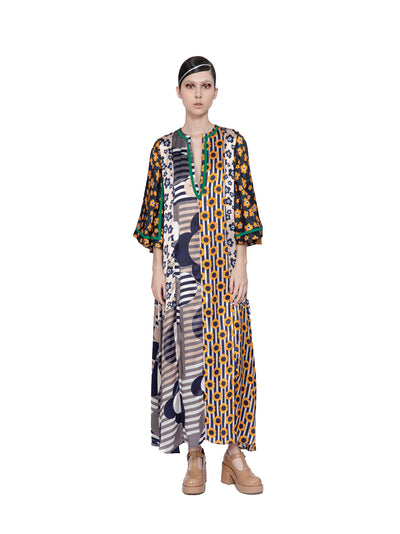Mix Satin Print A-line Dress Multicolor