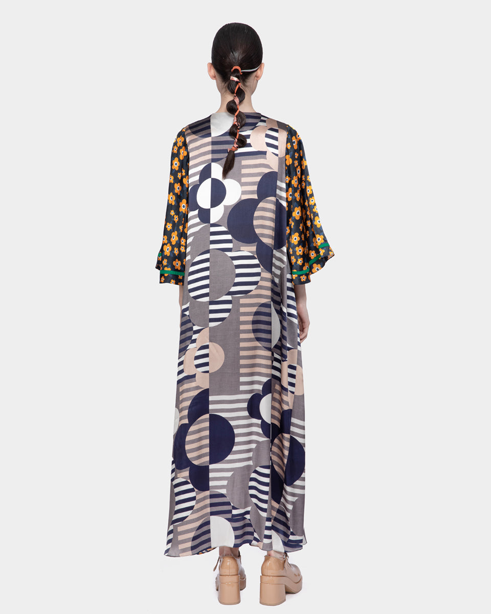 Mix Satin Print A-line Dress Multicolor