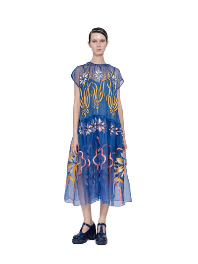 Embroidered Organza Midi Dress Blue