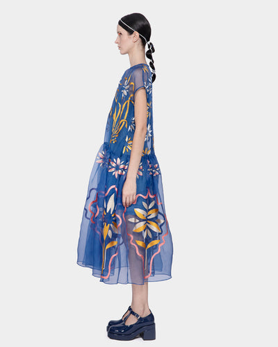 Embroidered Organza Midi Dress Blue