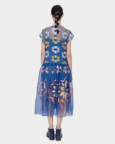 Embroidered Organza Midi Dress Blue