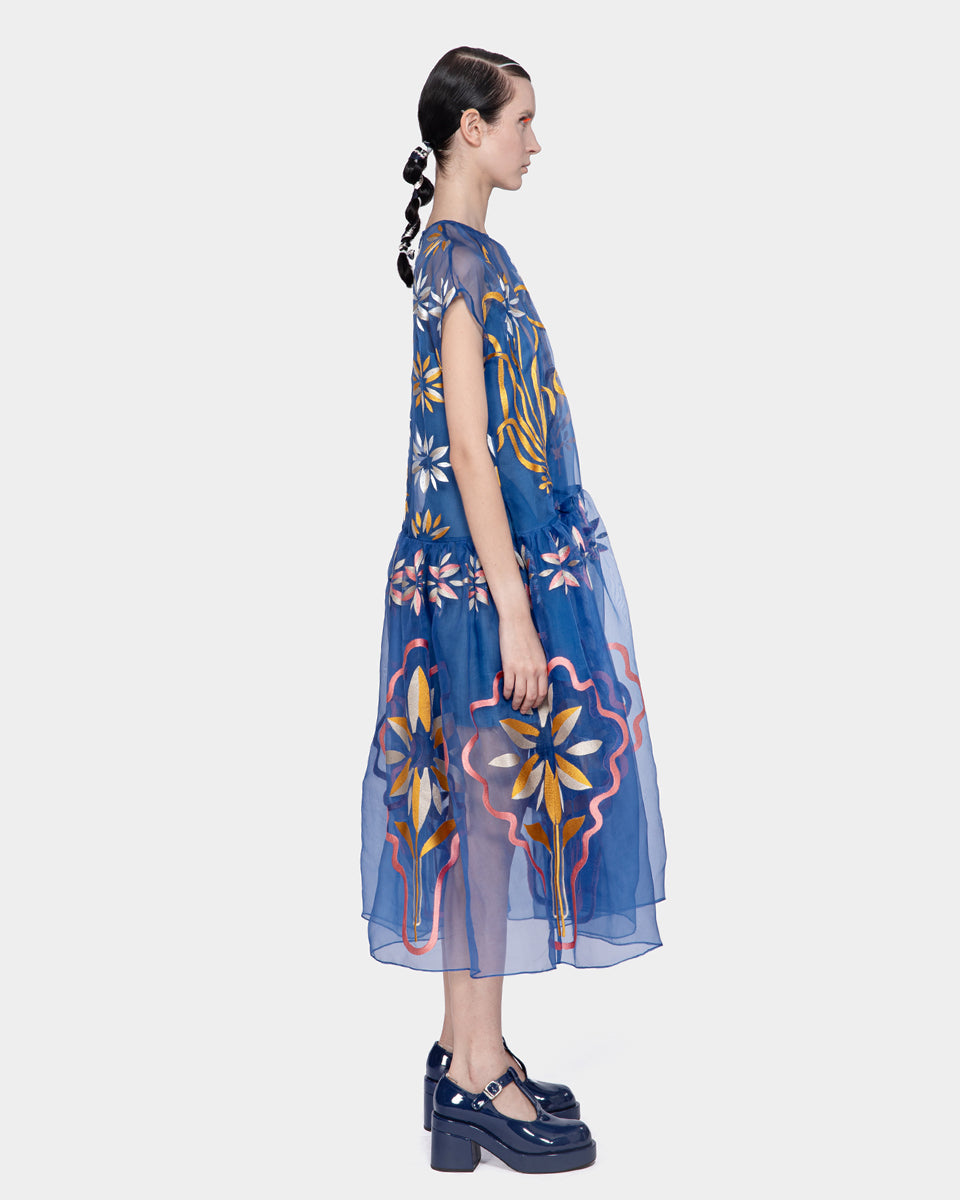 Embroidered Organza Midi Dress Blue