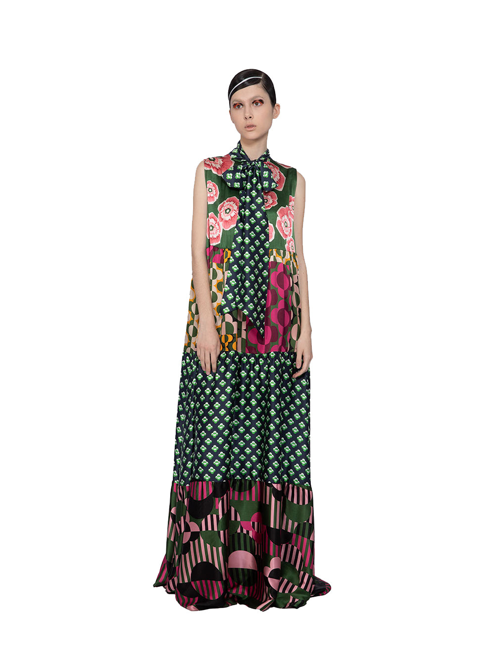 Mix Satin Silk Print Sleeveles Green-pink