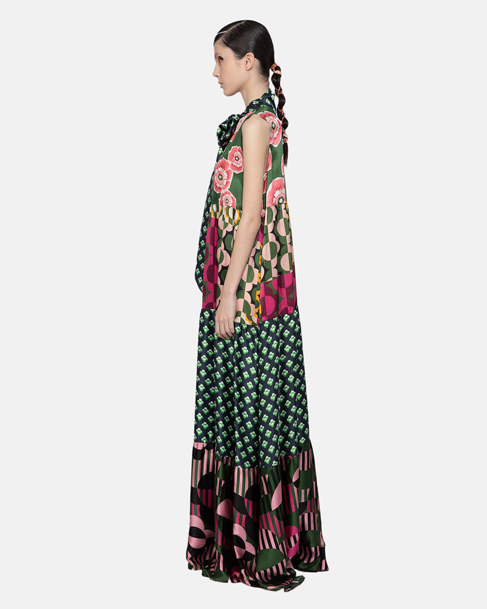 Mix Satin Silk Print Sleeveles Green-pink