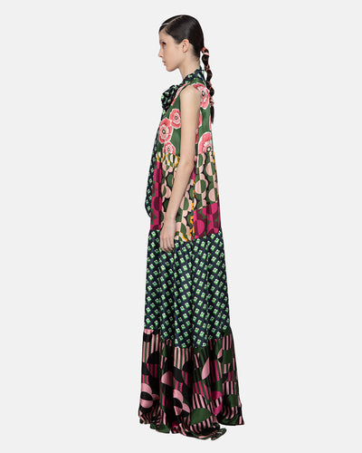 Mix Satin Silk Print Sleeveles Green-pink
