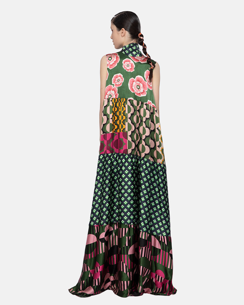 Mix Satin Silk Print Sleeveles Green-pink