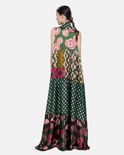 Mix Satin Silk Print Sleeveles Green-pink