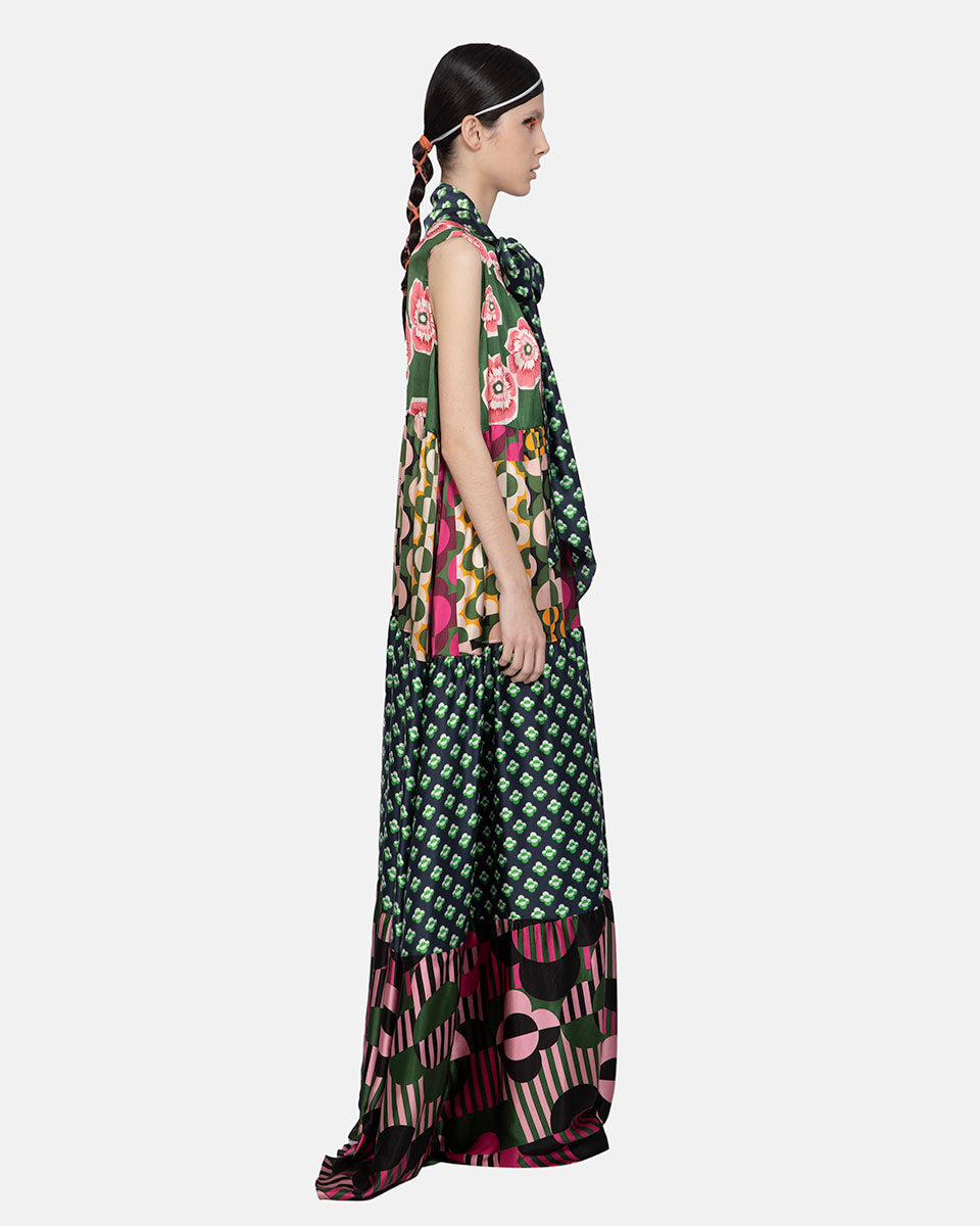 Mix Satin Silk Print Sleeveles Green-pink
