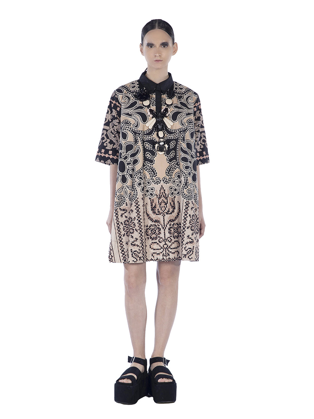 Cotton Print Mini Shirt Dress Nude Black