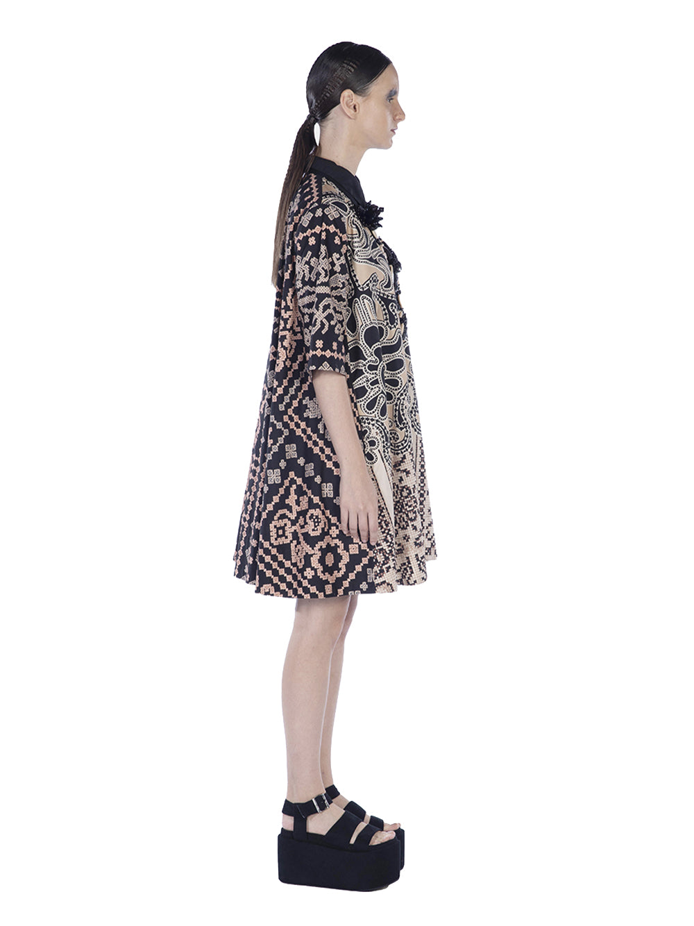 Cotton Print Mini Shirt Dress Nude Black