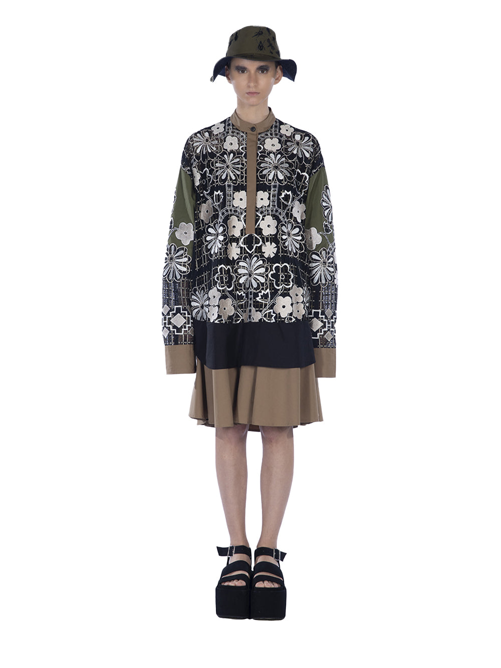 Embroidered Lace Mix Cotton Long Sleeve Mini Dress Black Brown