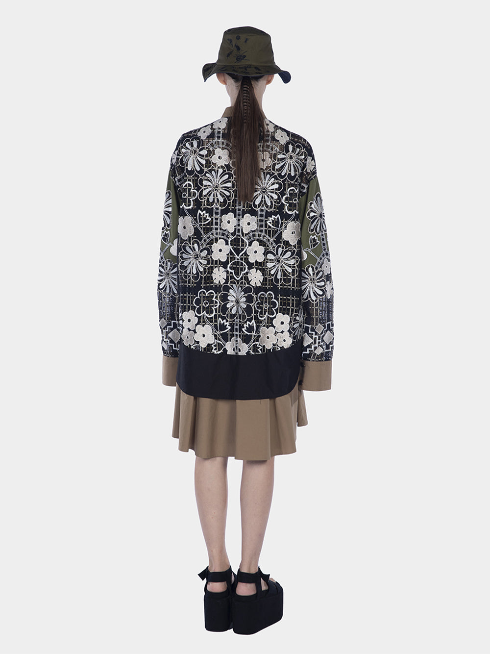 Embroidered Lace Mix Cotton Long Sleeve Mini Dress Black Brown