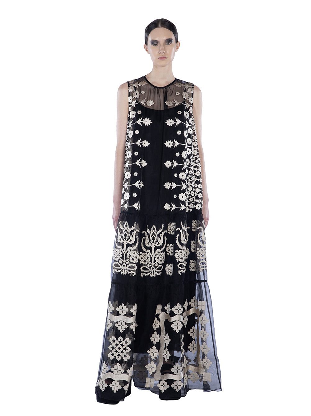 Embroidered Organza Sleeveless Black