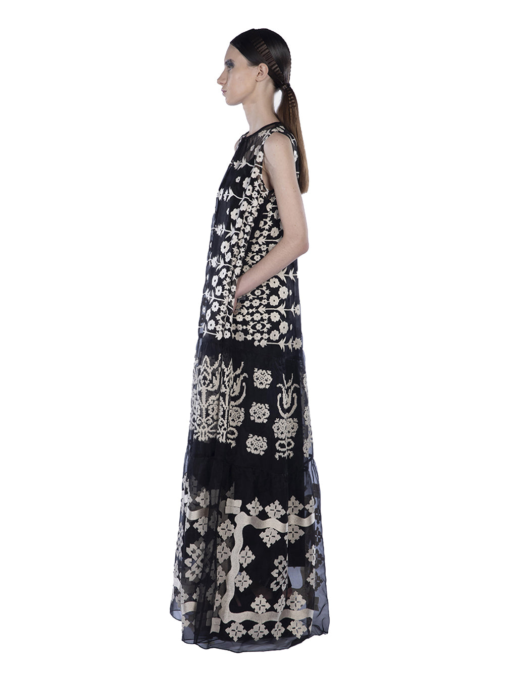 Embroidered Organza Sleeveless Black