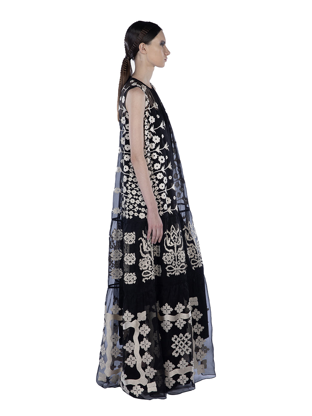 Embroidered Organza Sleeveless Black