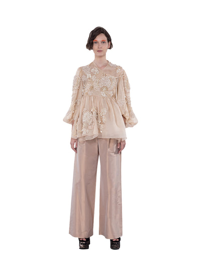 3d Embellished Organza Wrap Top with Gathered Sleeve Light Beige