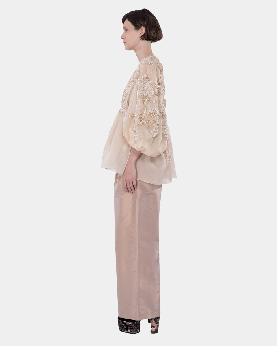 3d Embellished Organza Wrap Top with Gathered Sleeve Light Beige