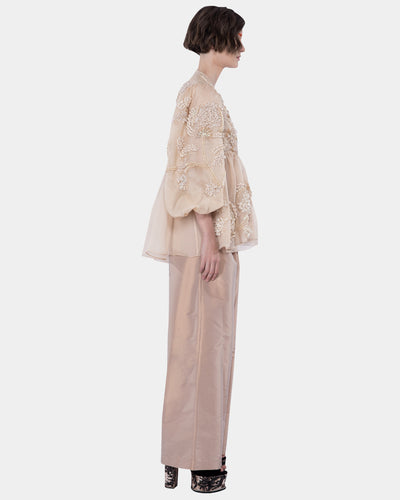 3d Embellished Organza Wrap Top with Gathered Sleeve Light Beige