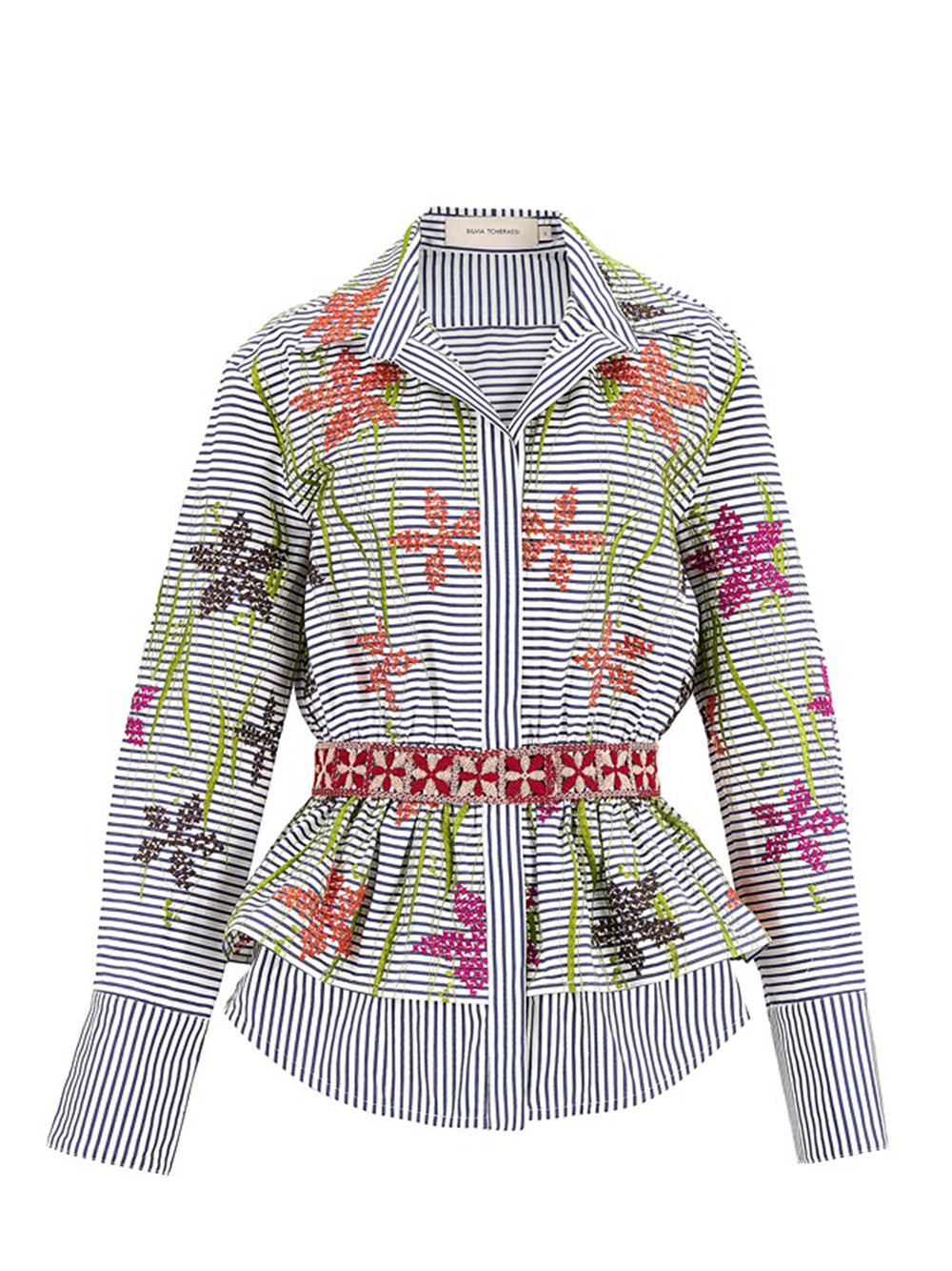 Fiona Blouse Blue Pinstripe Floral Embroidery