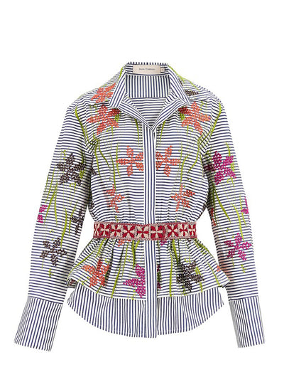 Fiona Blouse Blue Pinstripe Floral Embroidery
