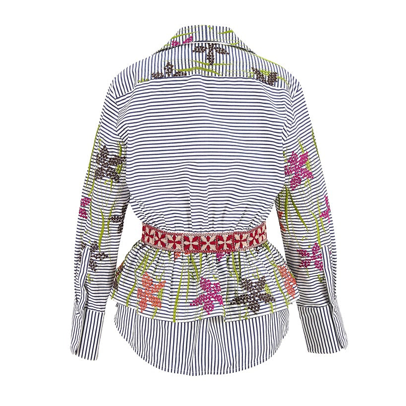 Fiona Blouse Blue Pinstripe Floral Embroidery