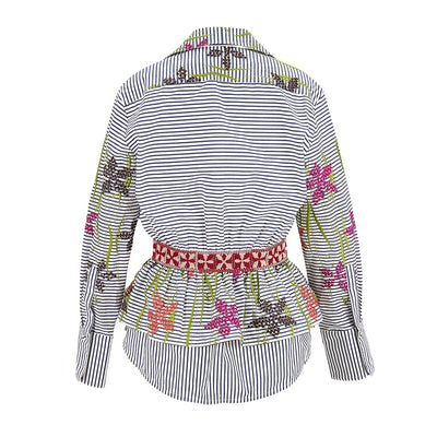 Fiona Blouse Blue Pinstripe Floral Embroidery