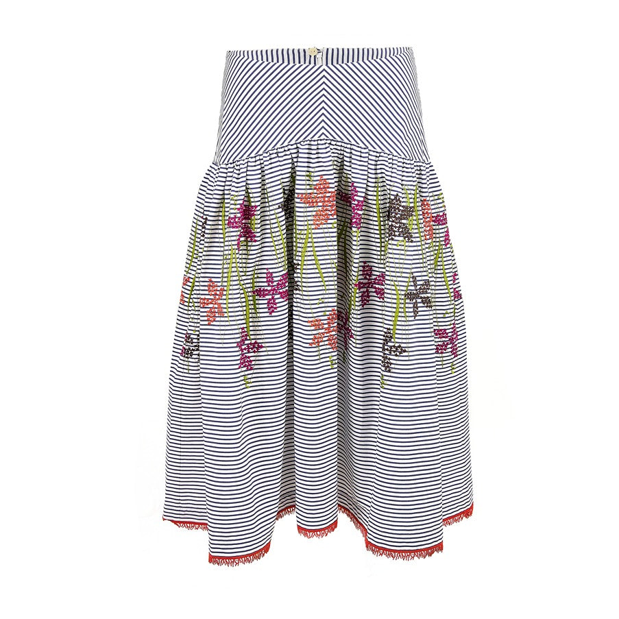 Rosella Skirt Blue Pinstripe Floral Embroidery