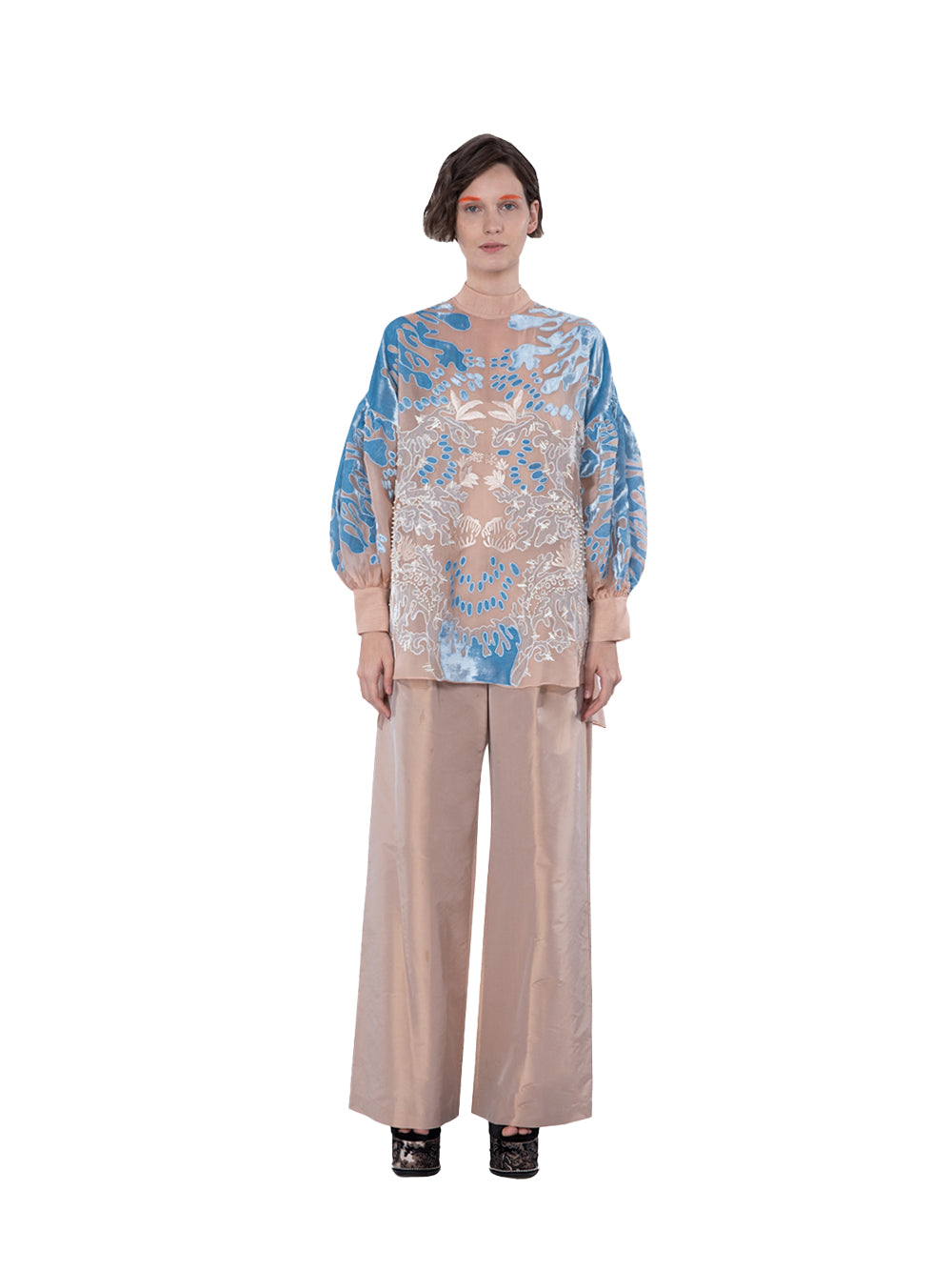 Organza Silk Gathered Sleeve Blouse with Beading and Velvet Embroidery Appliqué Blush-blue