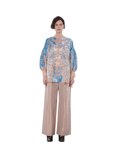 Organza Silk Gathered Sleeve Blouse with Beading and Velvet Embroidery Appliqué Blush-blue