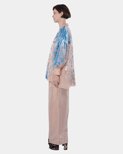 Organza Silk Gathered Sleeve Blouse with Beading and Velvet Embroidery Appliqué Blush-blue