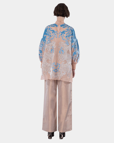 Organza Silk Gathered Sleeve Blouse with Beading and Velvet Embroidery Appliqué Blush-blue
