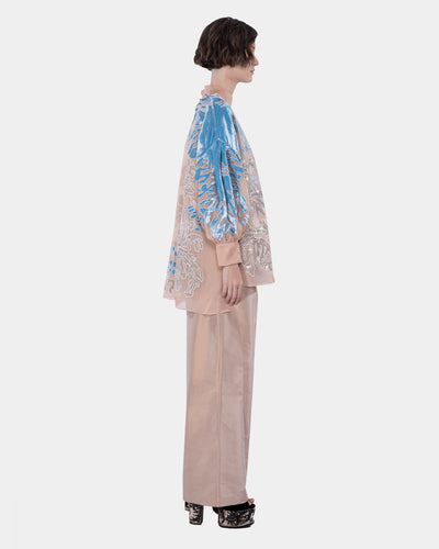Organza Silk Gathered Sleeve Blouse with Beading and Velvet Embroidery Appliqué Blush-blue