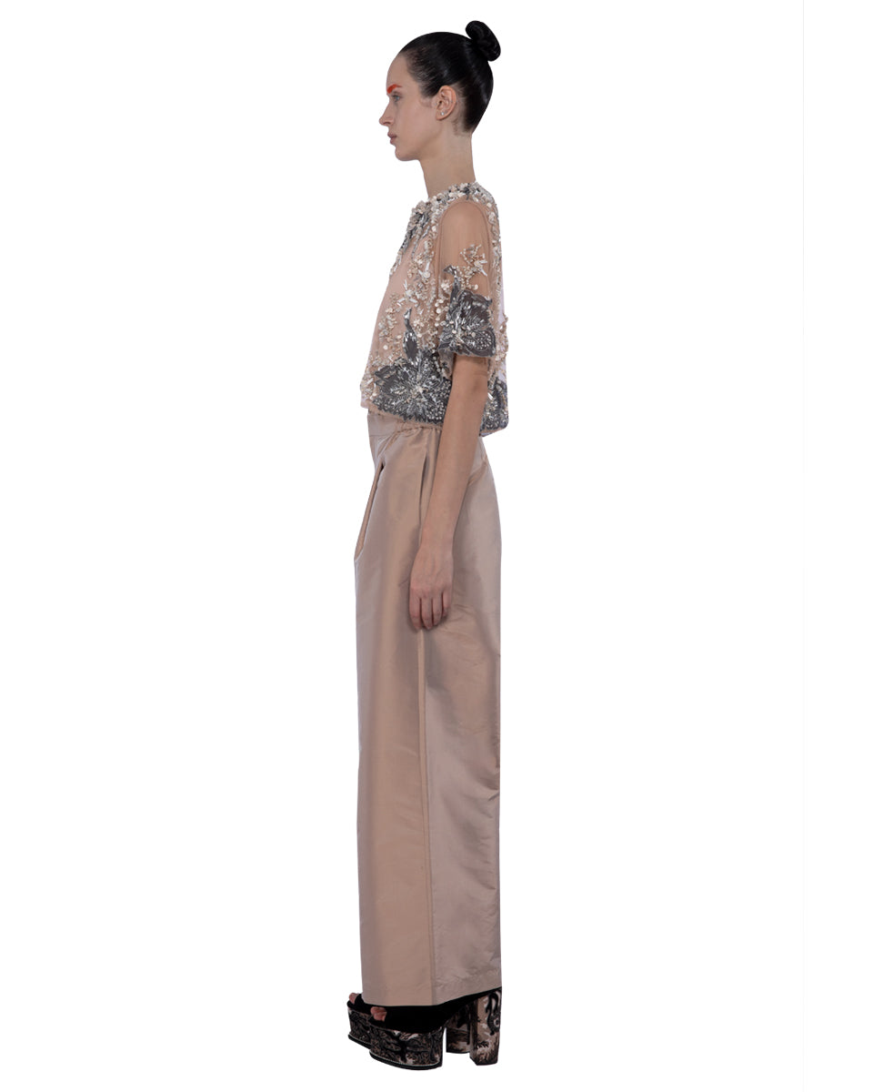 Embroidered And Beaded Tulle Cropped Blouse Blush